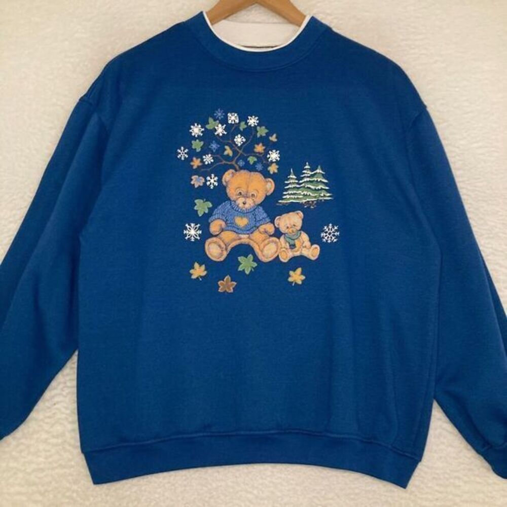 Vtg Basic‎ Editions Sweatshirt Womens Fits Like M Flowers Teddy Bear Sweater